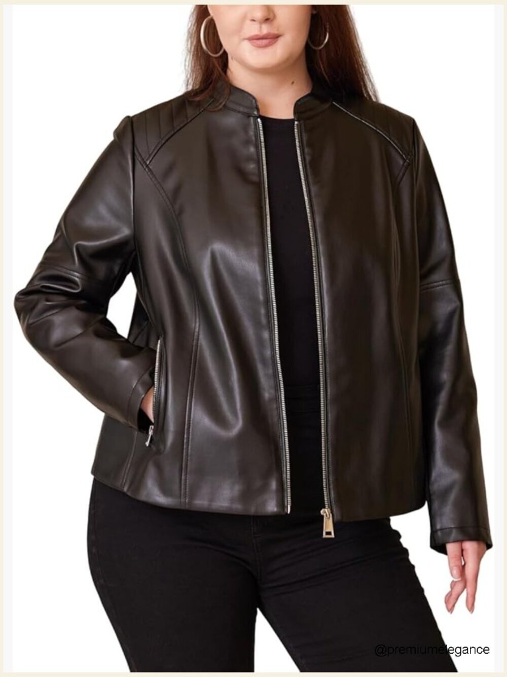 Plus Size Faux Leather Motorcycle Jacket with Quilted Shoulders